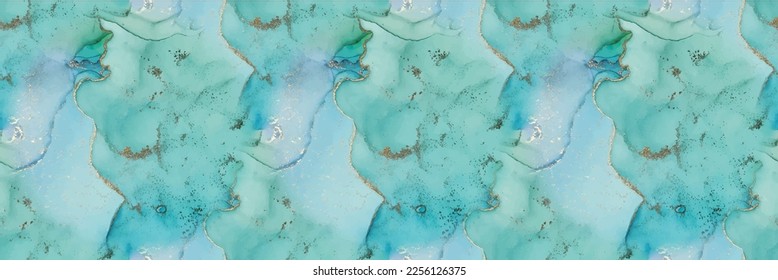 Golden Alcohol Ink Canvas. Bronze Water Color Watercolor. Green Marble Watercolor. Blue Seamless Background. Marble Gold Vector Ink. Fluid Elegant Texture. Foil Ink Paint. Luxury Abstract Painting.