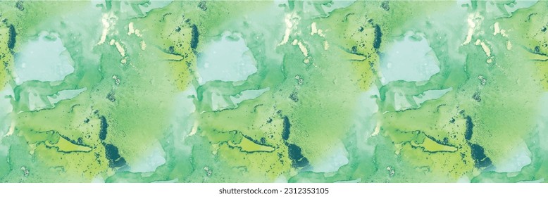 Golden Alcohol Ink Canvas. Gold Marble Watercolor. Green Seamless Background. Marble Foil Water Color. Blue Art Paint. Bronze Vector Ink Background. Vector Seamless Glitter. Vector Abstract Template.