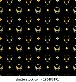 Golden alien and stars seamless pattern vector art.