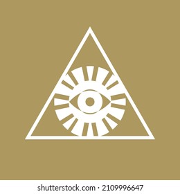 Golden all-seeing eye in pyramid. Isolated vector line drawing. An eye and a sun. Sign, logo design idea. Esoteric, alchemical amulet. Hypnotize eye icon. 