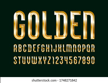 Golden Alphabet From Chiseled Block, Font With Effect Of Gold Metallic, Beveled Letters And Numbers, Vector Illustration 10EPS