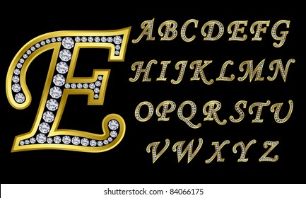 Golden alphabet with diamonds, letters from A to Z, vector illustration