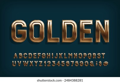 Golden alphabet font. 3d beveled letters and numbers. Stock vector typeface for your design.