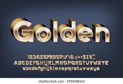 Golden alphabet font. 3d gold letters, numbers and punctuations with shadow. Uppercase and lowercase. Stock vector typescript for your typography design.