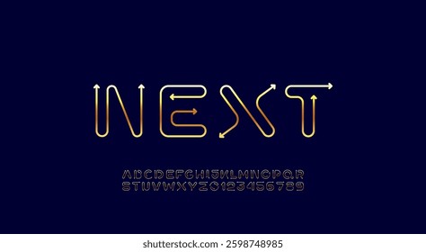 Golden alphabet, font from gold arrow, bright letters and numbers made in linear style, vector illustration 10EPS.