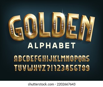 Golden alphabet font. Gold metal letters and numbers encrusted with diamonds. Stock vector typeset for your design.