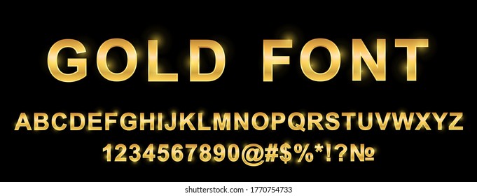 Golden alphabet font, letters and numbers - stock vector