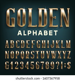 Golden Alphabet Font. Serif Beveled Letters With Shadow. Stock Vector Typescript For Your Design.