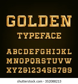 Golden Alphabet Font. Type letters, numbers. Gold effect symbols on the dark background. Vector typeset for headlines, posters etc.