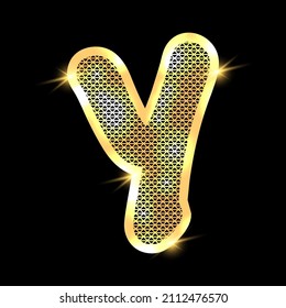 Golden alphabet with highlights on a dark background. Letter Y.