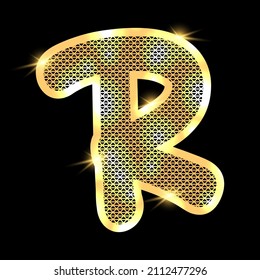 Golden alphabet with highlights on a dark background. Letter R.