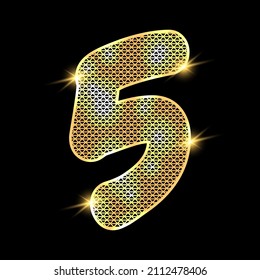 Golden alphabet with highlights on a dark background. Number 5.