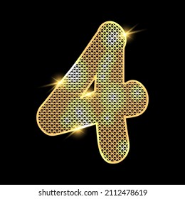 Golden alphabet with highlights on a dark background. Number 4.