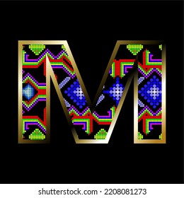 golden alphabet letter mexican huichol art illustration colorful in vector format