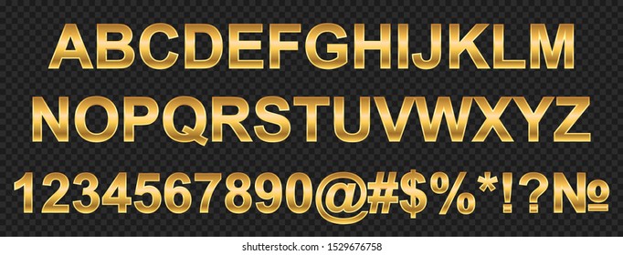 Golden alphabet, letters and numbers - stock vector