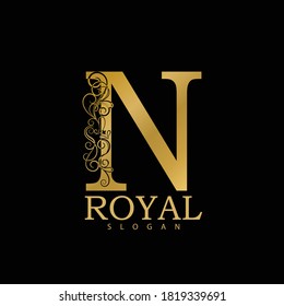 Golden Alphabet N Floral Logo Icon, Vintage Gold N Letter Logo Design.Luxury Golden Logo Design For Letter N.