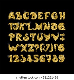 Golden Alphabet And Number. Vector Unique Glowing Font. 