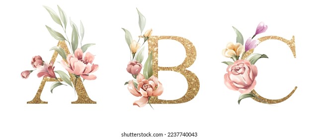 Conjunto de alfabetos dorados de A, B, C, con flores y hojas acuarela para el logo, invitación de boda, tarjeta, marca, inicial, otras ideas de concepto. 