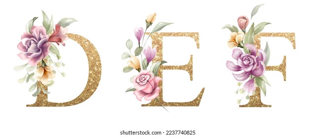 Golden alphabet set of D, E, F, with flowers and leaves watercolor for logo, wedding invitation, card, branding, initial, other concept ideas. 