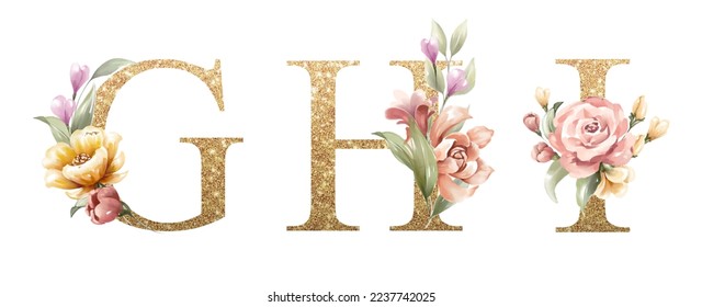 Golden alphabet set of G, H, I, with flowers and leaves watercolor for logo, wedding invitation, card, branding, initial, other concept ideas. 