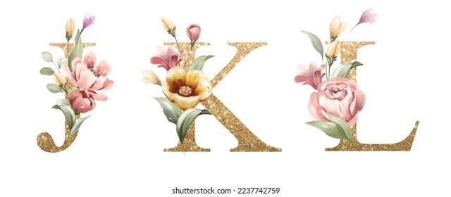 Golden alphabet set of J, K, L, with flowers and leaves watercolor for logo, wedding invitation, card, branding, initial, other concept ideas. 