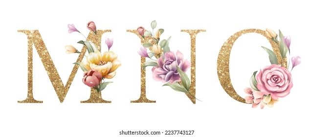 Conjunto de alfabetos dorados de M, N, O, con flores y hojas acuarela para logo, invitación de boda, tarjeta, marca, inicial, otras ideas de concepto. 