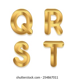 Golden alphabet. Set of metallic 3d letters. Vector letters Q R S T.