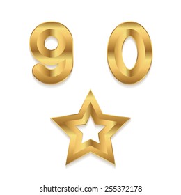 Golden alphabet. Set of metallic 3d numbers. Vector digits 9 0. Star frame.