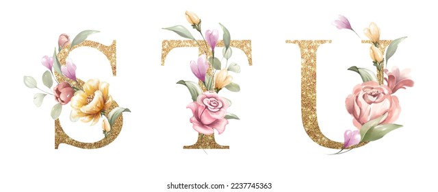 Golden alphabet set of S, T, U, with flowers and leaves watercolor for logo, wedding invitation, card, branding, initial, other concept ideas. 