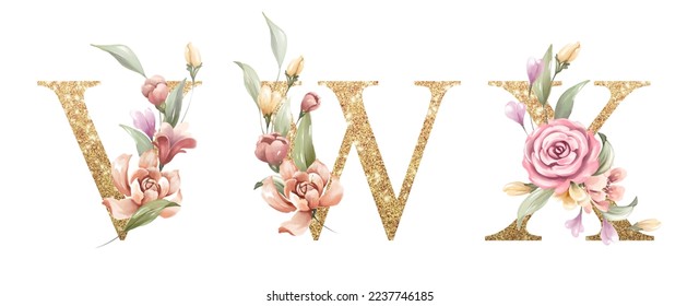 Golden alphabet set of V, W, X, with flowers and leaves watercolor for logo, wedding invitation, card, branding, initial, other concept ideas. 