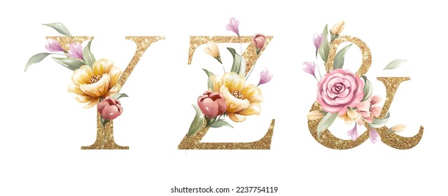 Goldenes Alphabet aus Y, Z, mit Blumen und Blättern Aquarell für Logo, Hochzeitseinladung, Karte, Branding, Initial-, andere Konzept-Ideen