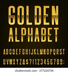 Golden Alphabet Vector Font.
Type letters, numbers and punctuation marks.
Gold metal effect letters on the dark background.