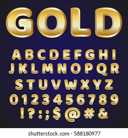 Golden Alphabet Vector Font. Type letters, numbers and punctuation marks. Gold metal effect letters on the dark background.