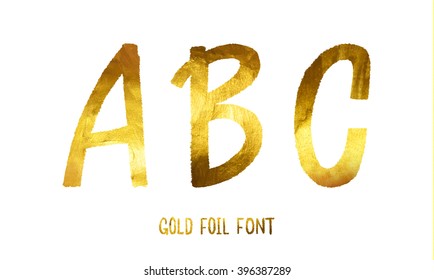 Golden alphabet vector letters A, B, C on a white background, glitter letters. Title. Golden alphabet. Gold badge. Gold foil font.
