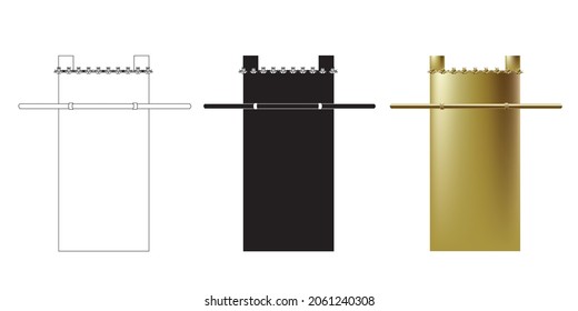 The golden altar of Incense. Gold rectangle with two wooden poles on the sides. One of the Jewish Temple vessels in Jerusalem. Vector painting for coloring, color, and black silhouette. Isolated icon