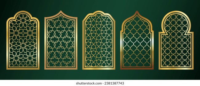 Golden amadan windows. Islamic door frames with ornament. Arabic mosque arch on green background. Islamic vector decoration.