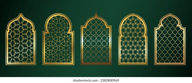 Golden amadan windows. Islamic door frames with ornament. Arabic mosque arch on green background. Islamic vector decoration.