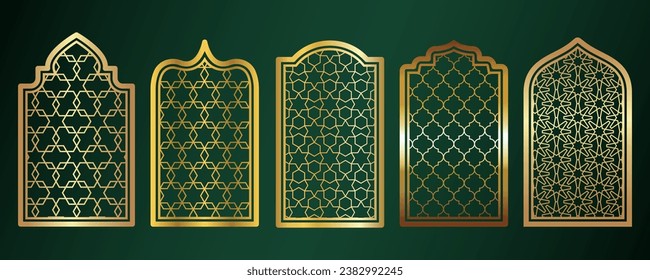 Golden amadan windows. Islamic door frames with ornament. Arabic mosque arch on green background. Islamic vector decoration.