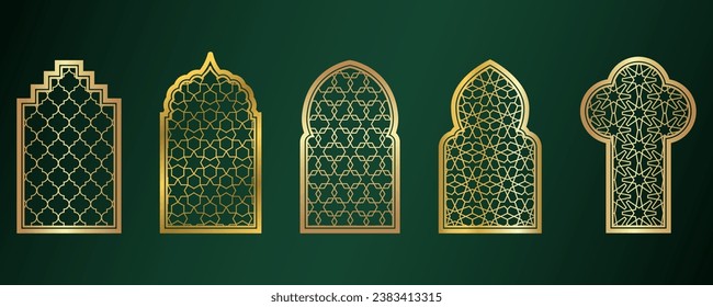 Golden amadan windows. Islamic door frames with ornament. Arabic mosque arch on green background. Islamic vector decoration.