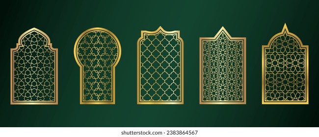 Golden amadan windows. Islamic door frames with ornament. Arabic mosque arch on green background. Islamic vector decoration.