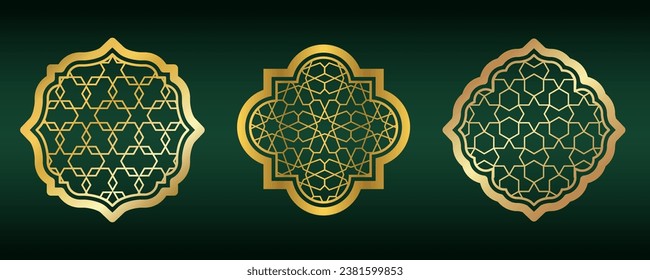 Golden amadan windows. Islamic round frames with ornament. Arabic mosque shapes set on green background. Islamic vector decoration.