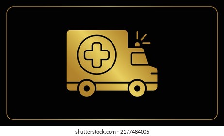 Golden Ambulance Emergency First Aid Siren Vehicle Vector Icon.Creative Isolated Gold Color Ambulance Silhouette Art.