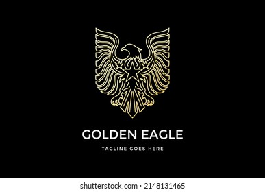 Golden American Eagle Hawk Falcon Phoenix Line Badge Emblem Logo Design