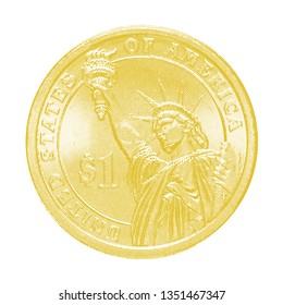 Golden American money on white background. One dollar coin with the image of the Statue of Liberty.