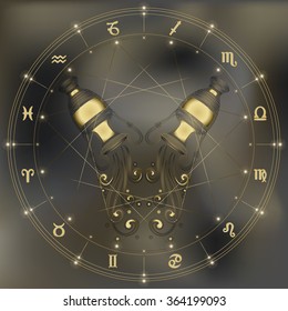 Golden amphora with falling water, zodiac Aquarius sign for astrological predestination and horoscope