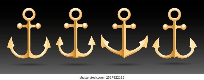 Golden anchor 3d emblem set. Made of gold ship anchors on black background vector illustration