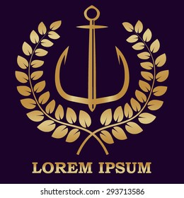 Golden Anchor and laurel wreath.  Vector illustration.
