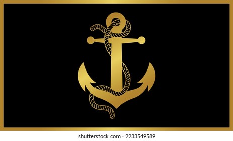 Golden anchor with rope illustration. Ship Anchor vector logo icon. Nautical maritime sea ocean boat illustration symbol.