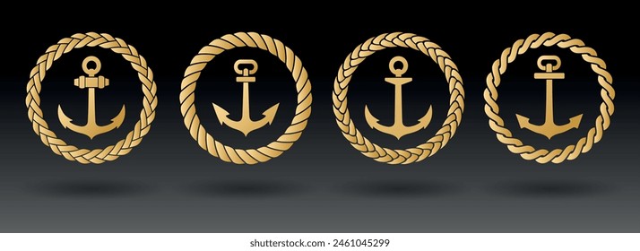 Golden anchors in rope frame ribbon labels. Gold nautical desing element set isolated on black background vector illustration