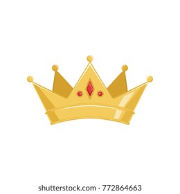 Golden ancient crown with red precious stones, classic heraldic imperial sign vector Illustration